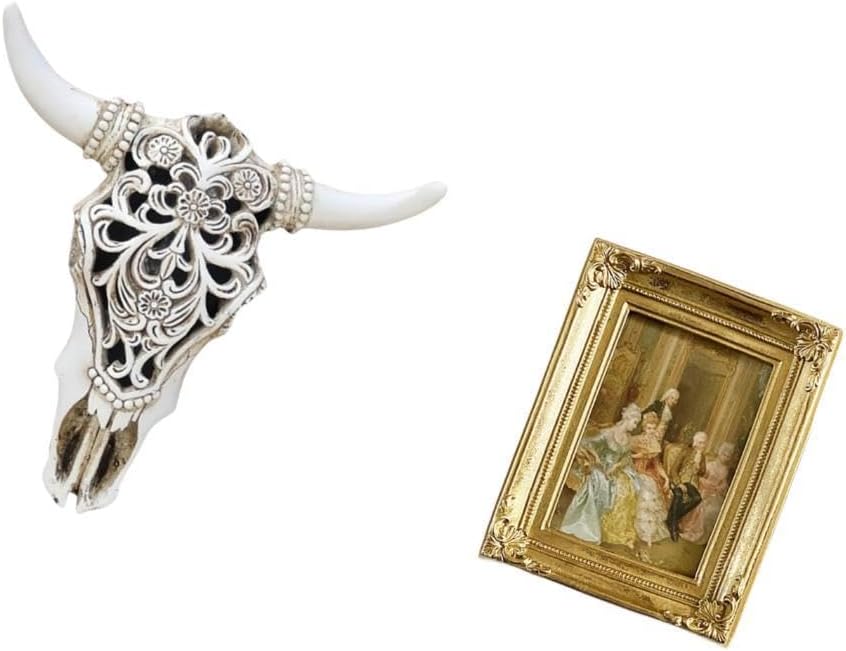 Tribal Bull Head Sculpture Wall Hanging Art with Resin Photo Frame Card Display Holder for Office Farmhouse Bedroom Decor and Poster Glass Front Pictu