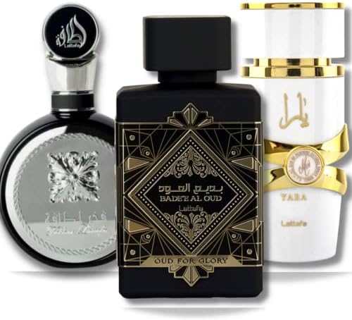 Lattafa Perfumes for Unisex 3 Piece Eau de Parfum Gift Set (Bade'e Al Oud Oud For Glory + Fakhar for Men + Yara Moi) 3.4 Ounce/100 ml each