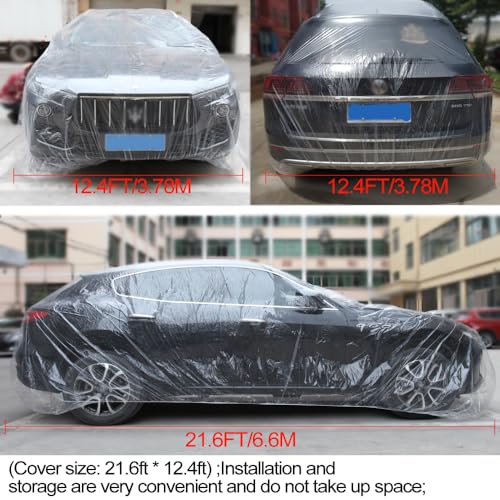 Image of Blue 4 Packs Disposable Car Cover Clear Plastic Car Cover Universal Rain Dust Garage Cover with Elastic Band Medium (12.4 FT x 21.6 FT)