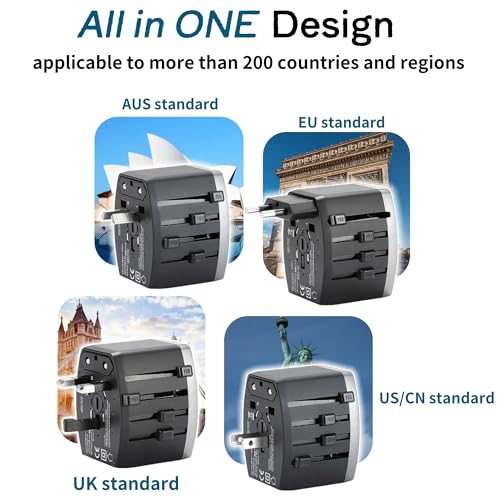 Universal Travel Adapter, Power Adapter Travel Charger w/QC 3.0 USB Port and PD 30W Fast Charger, International Plug Adapter, Outlet Converter Worldwide US to Europe EU AU UK US3
