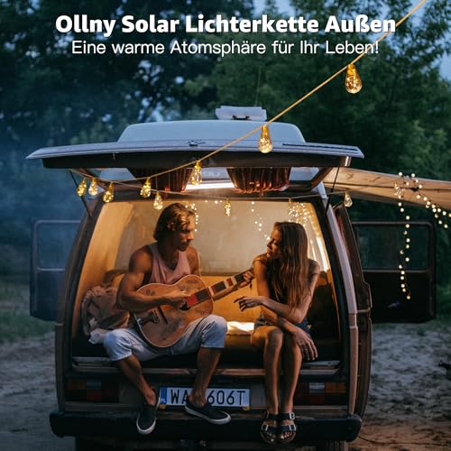 Ollny Solar Lichterkette Aussen, mit 24 S17 Glühbirnen 12M Lichterketten Außen Wetterfest, 8 Modi Timer Dimmbar für Vintage Deko Garten Balkon Terasse Hochzeit Party