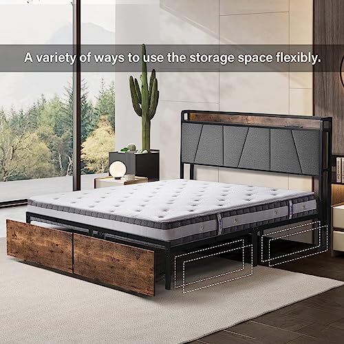 Hombck Queen Bed Frame With Storage Headboard, Platform Bed Queen With Drawers And Charging Station, More Sturdy, Noise-Free, Under Bed Storage, No Box Spring Needed, Vintage Brown #TOP6