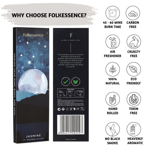 Folkulture Jasmine Incense Sticks - Pack Of 75 Insenses For A Positive Aura, Slow Burning Incense Matches - Natural And Non -Toxic, Organic And Slow Burning Inscents (Jasmine) #TOP2