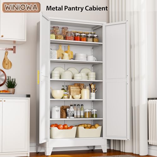 Image of winiowa Tall Metal Kitchen Pantry Storage Cabinet with 2 Doors and 5 Adjustable Shelves - 75.2 inch Kitchen Cabinet with Gold Handles for Kitchen, Bathroom, Dining Room, Living Room - White