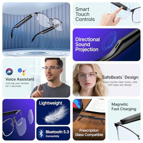 Image of pTron Orbis Era Smart Glasses with Bluetooth V5.4, Open Ear Music, Handsfree Calls, Protects Eye from Blue Light Emitted from Digital Screens, 8Hrs Playtime, Connect with Phones /Tablets (Black)