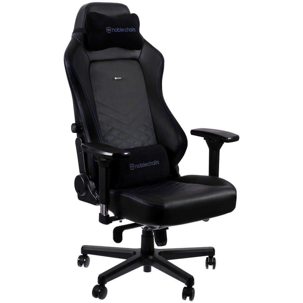 noblechairs HERO Silla de Gaming - Silla de Oficina - Cuero Sintético PU - Reclinable a 135° - 150 kg - Diseño de Asiento de Carreras - Negro / Azul Negro Y Azul Cuero sintético de la PU
