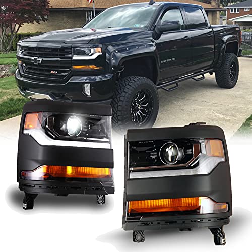 Headlight Assembly Fit for 2016 2017 2018 2019 Chevy Silverado 1500, LED Daytime Running Light Project Design,WOLFSTORM Headlights Assembly for 16-19 Chevy Silverado 1500 Pickup,1 Pair,Black