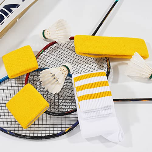 ONUPGO 5 Pieces Striped Sweatbands and Socks Set Sports Striped Headband Wristbands Sweatbands Striped High Sock for Men Women Sports and 80s Party (Yellow/White/Yellow) - Image 4