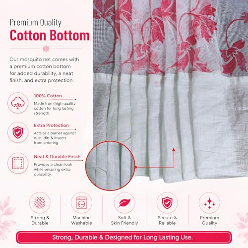 Image of Mosquito Net for King Size Bed & Double Bed, 6x7 Ft, Wall Hanging Machhardani, No Frame Required, Floral Vine Pattern, Premium Poly-Cotton Fabric, Breathable Mesh Ideal for AC Rooms (Rose Vine Pink)