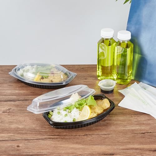 Image of Restaurantware-RW Base 12 Ounce Meal Prep Containers, 100 Microwavable To Go Containers With Lids - Disposable, Freezable, Black Plastic Oval Food Containers, Pack Hot And Cold Food, For Takeaway