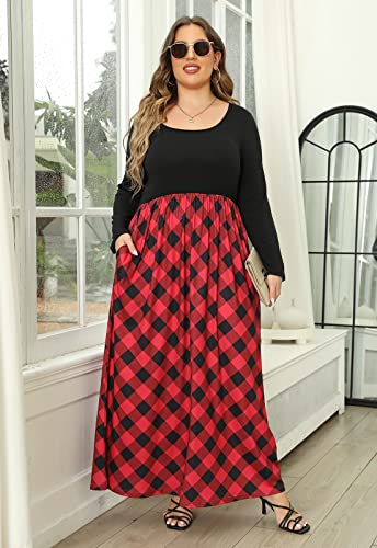 Image of Nemidor Women Plus Size Casual Maxi Dress Long Fall Pockets | Size 14-26 plus, elastic waist, long sleeve, round neck, loose, boho, curvy, winter, wedding, daily, vacation, work, holiday