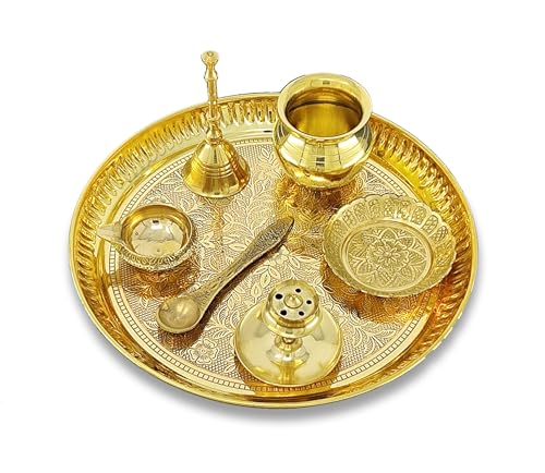 Image of BENGALEN Brass Pooja Thali Set 8 Inch Puja Thali with Pital Designed Plate Kalash Kangura Plate Dhup Dan Kuber Diya Ghanti Palli for Diwali Home Office Mandir Wedding Return Gift Items