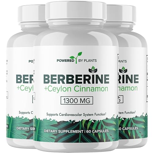 POWERED X PLANTS Pure Berberine Supplement - 1300mg Berberine with Ceylon Cinnamon for Metabolism & Immune System Support - 1 Pack of 180 Servings