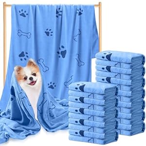 Tatuo 12 Pcs Dog Grooming Towels 28 x 55 Inch Microfiber Drying Pet Bath Towels Dog Absorbent Towel Quick Drying Puppy Bathing Supplies for Small Medium Large Puppy Cat(Blue,Paw, Bone)