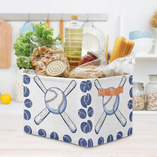 Image of Sport Baseball Storage Baskets for Organizing, Fabric Collapsible Storage Bins Box Baseball Bat Decorative Toy Organizer Baskets for Closet Shelves Gift Basket 2Pcs