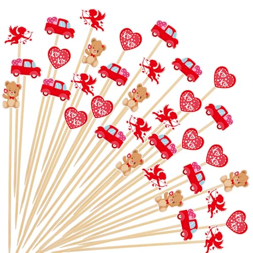 LOMIMOS 120pcs Valentine's Day Cocktail Picks,Heart Shaped Bamboo Toothpicks Appetizer Sticks Fruit Skewers for Birthday Wedding Valentines Galentines Day Party Decorations