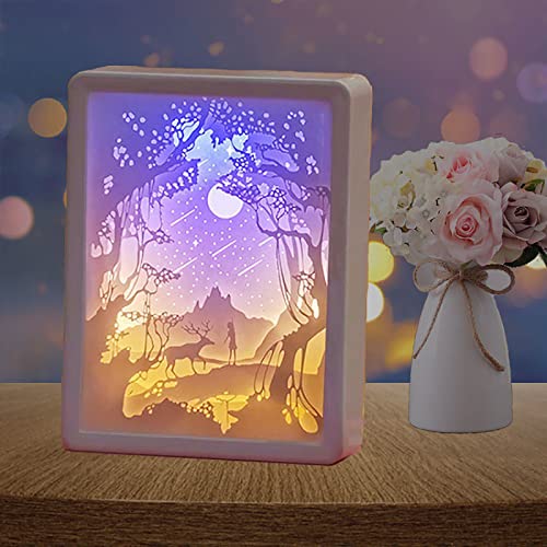 Realaz 3D Mirror Paper Carving Lamp, Papercut Night Light Paper Sculptures Creative Lamp Valentines Day Gift (Fawn And Child #TOP2