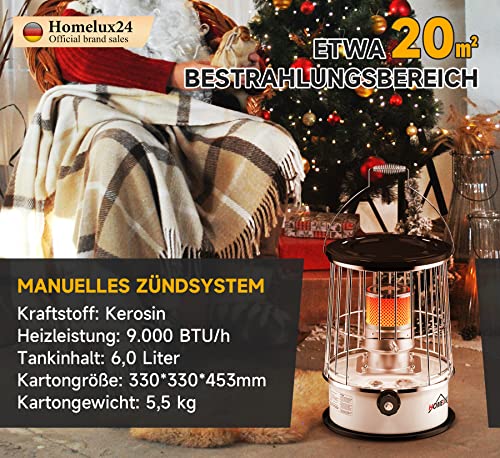 Petroleumofen für innenräume Homelux 6L Petroleumofen,9.000 BTU/ h Heizung Ohne Strom,Mobile Petroleum Heizung Petroleumheizung 20㎡ Heizbereich, mit Kleidersack, Schornstein aus gehärtetem Glas(TS- 77)-6