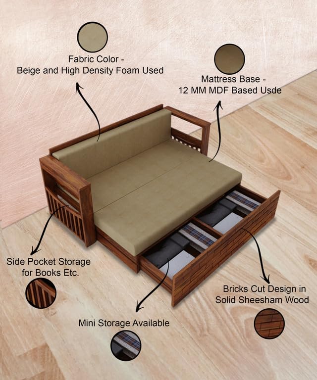 Image of Solid Sheesham Wood Sofa Cum Bed 3 Seater | Wooden Foldable Double Bed for Living Room with Headboard & Storage | Bed Cum Sofa with Mattress for Bedroom Furniture (Honey Finish)