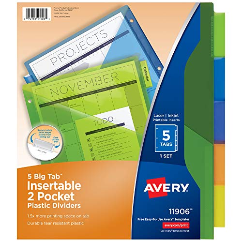 Avery Big Tab Insertable Two-Pocket Plastic Dividers, 5 Multicolor Tabs, Case Pack of 24 Sets (11906)