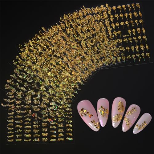 12 Sheets Fall Nail Stickers Gold Leaf Nails Decals 3D Self Adhesive Fall Maple Leaves Nail Art Stickers Glitter Golden Maple Leaf Rose Flower Nails Designs Sticker for Women Autumn Manicure Supplies