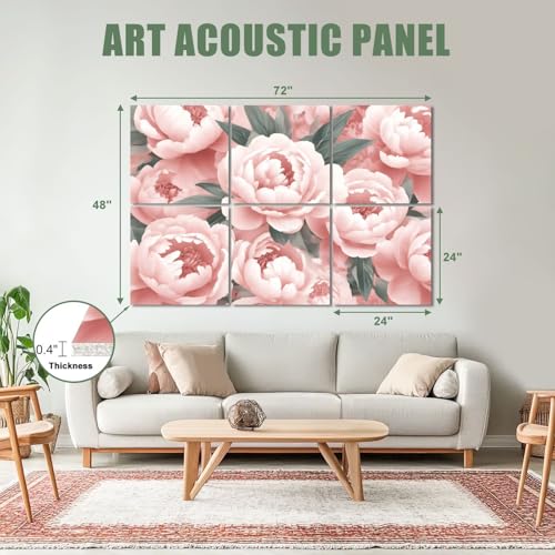 6 Pack Paneles acústicos decorativos rosa con flores peonía, paleta suave verde. Paneles autoadhesivos para absorbción de sonido en estudios y oficinas 72"x48" miniatura 2