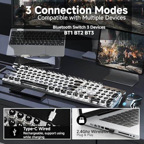 Image of EWEADN TK950 Typewriter Mechanical Keyboard and Mouse, 104 Keys Aesthetic Typewriter Keyboard Mouse Combo with White Backlit, Anti-Ghosting, Black Switch Bluetooth /2.4GHz /Wired Cute Keyboards-Black