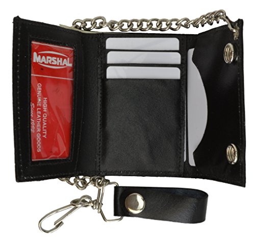 Black Genuine Leather Trifold Biker's Wallet Id Card Holder W/Chain Skull #TOP1
