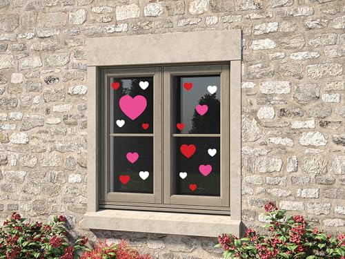 stika.co Juego de 33 pegatinas autoadhesivas con forma de corazón, vinilo blanco, rojo y rosa para exhibiciones de San Valentín, decoración del hogar y decoración de ventanas (A3 - grande)