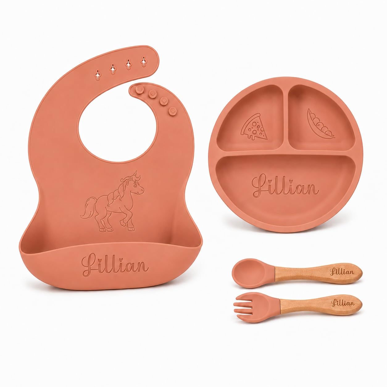 Personalized Silicone Baby Feeding Set, 6-Piece (Light Salmon)
