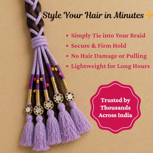 Image of Zippy Flora Handmade Boho Parandi / Paranda Traditional Hair Accessory for Women & Girls | Ethnic Braided Hair Tassels, Choti Hair Extension, Decorative Braid Jewelry for Festive & Wedding Hairstyles (Neelima Lavender)