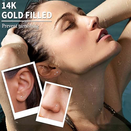 Besteel 4 Pcs 14k Gold Filled Nose Ring Stud 20g 1.5-3mm Round CZ Simulated Diamond Nose Stud Piercing Jewelry L Shaped - Thumbnail 4