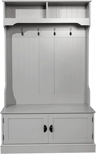 Flash Furniture Fraser - Banco de puerta de árbol de pasillo, perchero con 4 ganchos dobles y 2 cubos de almacenamiento superiores, juego de 1, gris