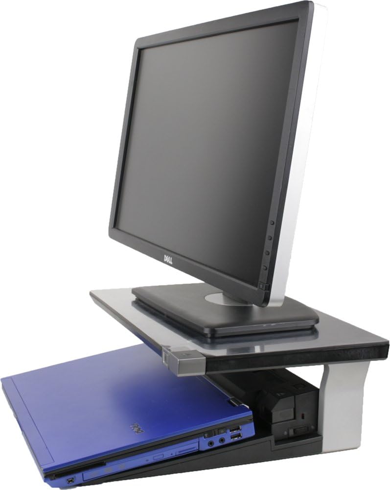 Angled side view of the Dell 051XVC monitor stand, showing a Dell Latitude laptop securely docked underneath the monitor platform.
