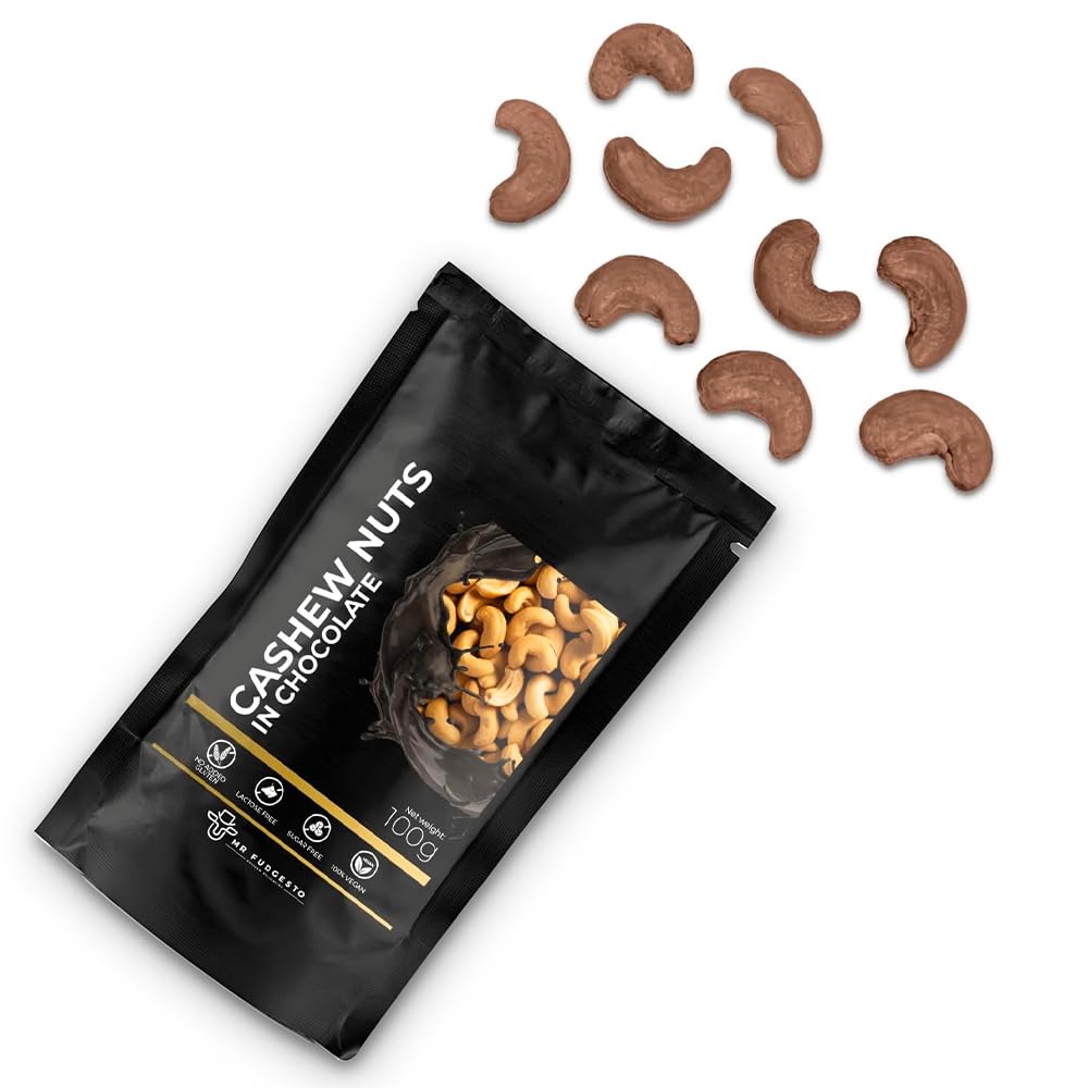 Nueces de Anacardo Cubiertas de Chocolate de Postre - Dulces Mr Fudgesto - Delicia Premium - Sin Azúcar Agregada - Tentempié Saludable - Frutos Secos y Frutas Cubiertos de Cacao - 100g