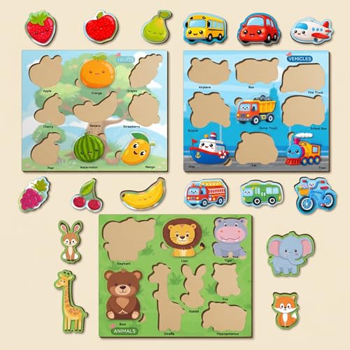 Image of Lefan Wooden Peg Puzzle Set for Kids 2-4 Years | Animals, Fruits & Vehicles Learning Puzzle Boards | MDF Wooden Educational Toy for Toddlers | 3 Boards with Easy Grip Pieces