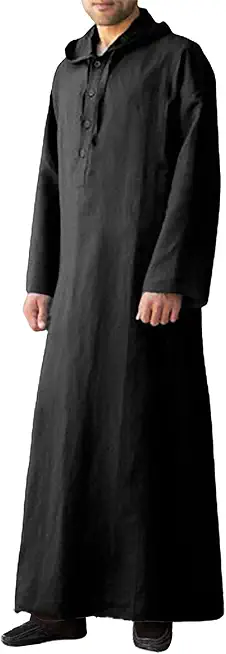 Men's Kaftan Thobe Long Sleeve Abaya Long Gown Robe Muslim Robe with Hoodie