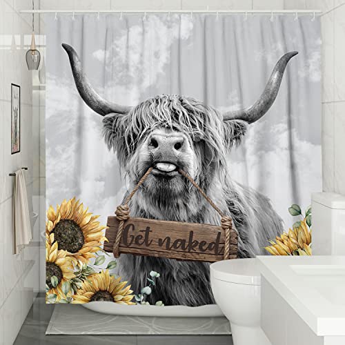 Gdhbling Farmhouse Highland Cow Shower Curtain Set Funny Western Get Naked Shower Curtains For Bathroom Country Sunflower Bathroom Decor Polyester Fabric-72" X 72" #TOP1