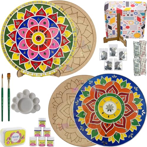 Image of ImagiVibe DIY Lippan Art Kit for Kids and Adults | 2 Pre-Marked 12 Inch MDF Boards with Stand | Indian Folk Art Craft Kit with Clay Mirrors and 6 Non-Toxic Acrylic Paint Colors | Wall Decor DIY Gift Kit (12inch Acrylic Colors)