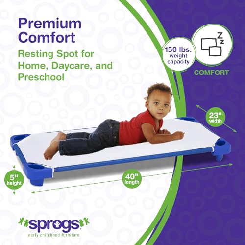 Image of Sprogs Heavy-Duty Stackable 40 inchL Daycare Cots for Toddlers Ages 1 to 2, Stacking Preschool Classroom Toddler Cots for Sleeping, Resting, Naptime, Pack of 6, Blue