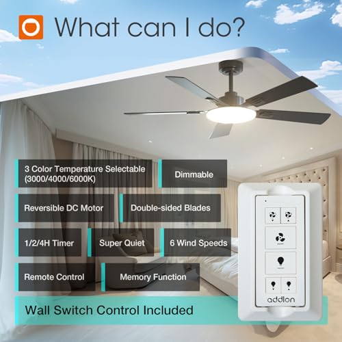 addlon Ceiling Fans with Lights, 52 inch Black Ceiling Fan with Remote Control, Wall Switch, Reversible, 3CCT Dimmable, Noiseless, Ceiling Fan for Bedroom, Living Room, Indoor/Outdoor Use by addlon - Used condition - Image 2