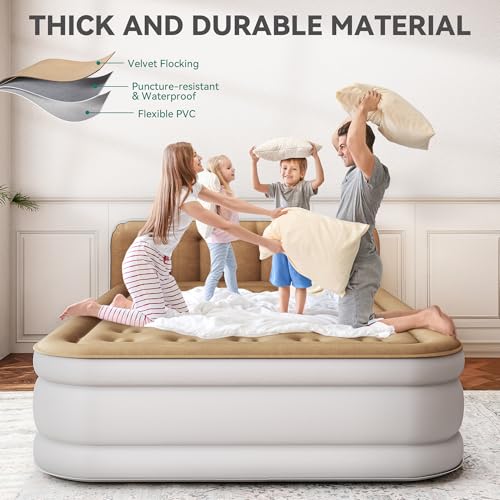 YITAHOME 18'' Flocked Top Queen Air Mattress with Built-in Pump and Headboard, Durable Inflatable Bed, Blow-Up Mattress for Indoor and Outdoor Use, Brown by YITAHOME - Used condition - Image 7