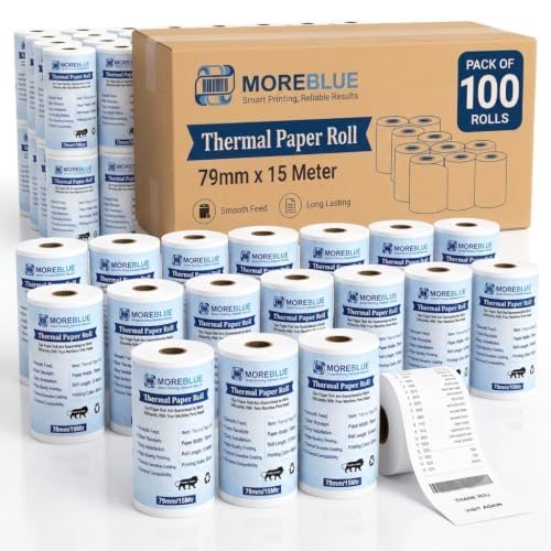 Image of MOREBLUE Pack of 100 Thermal Paper Rolls, 79mm x 15m POS White Paper Rolls, Smooth Print Billing Paper for Credit Card Machine, POS Printer, Petrol Pump Billing