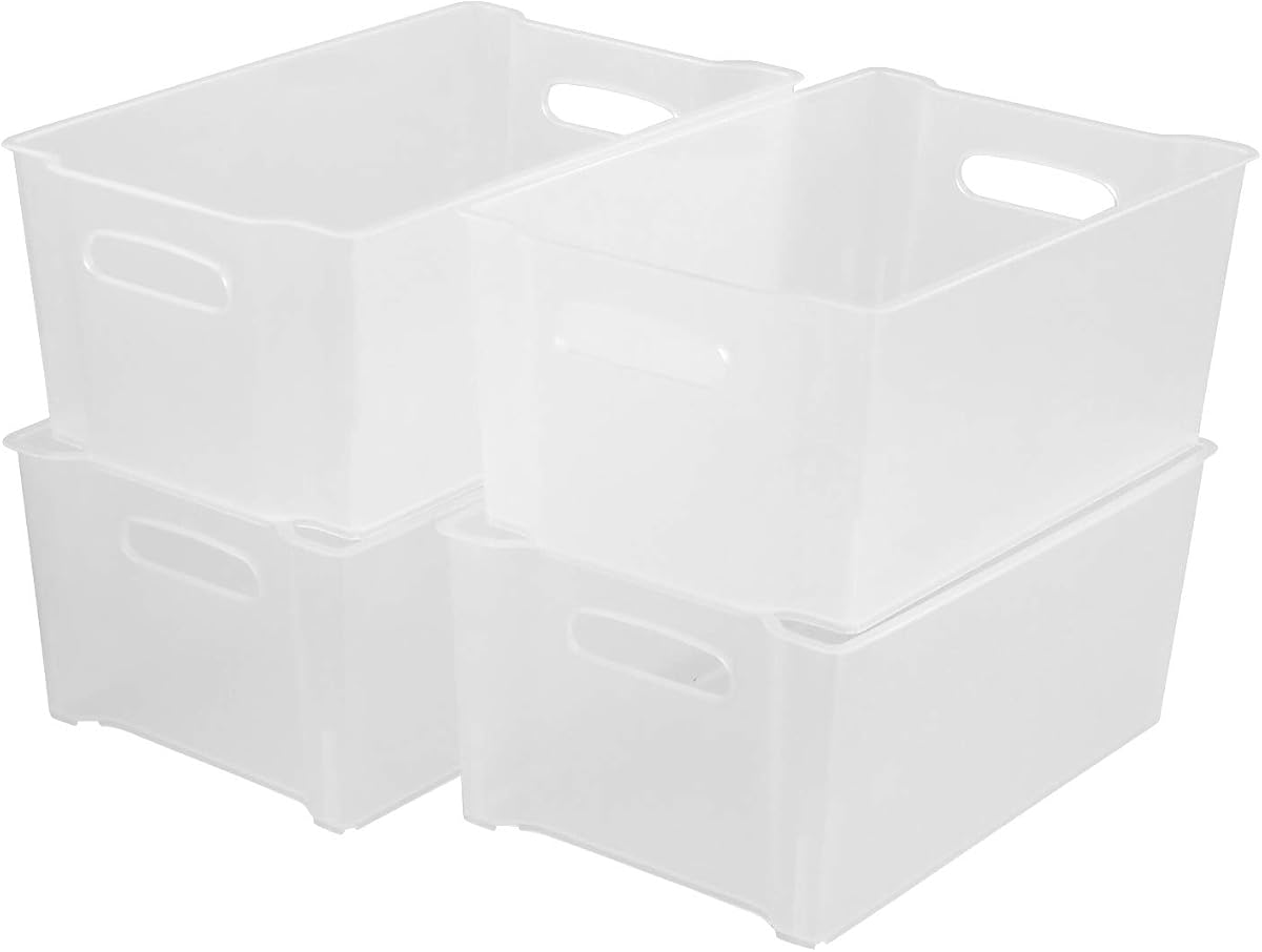 Tyminin Plastic Stackable Fridge Storage Basket Freezer Bin, 4 Packs | stacking Organiser Bin for Refrigerator, Freezer, Pantry, and Cabinets, Matte Transparent
