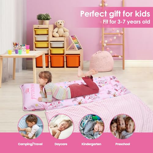 kids nap mat portable slumber bags with removable pillow and blanket for girls boys lightweight extra large sleeping bag for preschool camping daycare