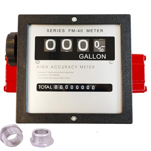 BORRITT 1" 6-40 GPM 4-Digit Mechanical Fuel Transfer Meter in Gallons - Extreme Accuracy Aluminum Diesel Gasoline Meter for Fleet Fuel Management with 1" NPT Male to 3/4" NPT Female Reducer