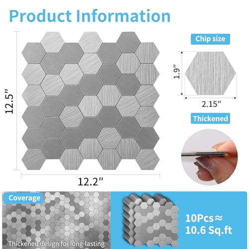 Art3d 10-Pack Metal Peel and Stick Backsplash Tile, Silver Hexagon by Art3d - Used condition - Image 6