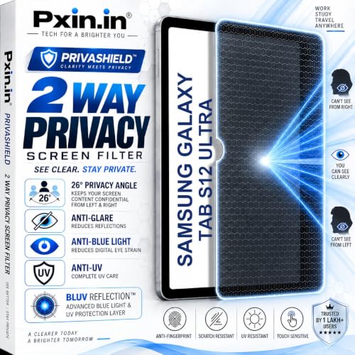 Image of Pxin Tablet Privacy Guard compatible with Samsung Galaxy Tab S12 Ultra | 2 Way Privacy screen protector | Anti Glare | Anti Spy Screen | Anti Bluelight | UV Protect | Eye Protection | Privashield
