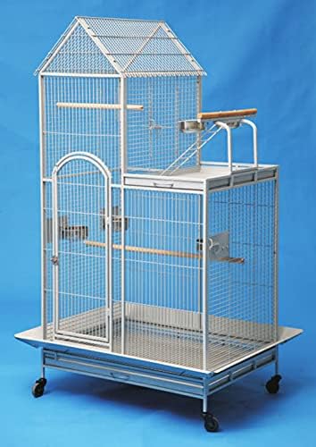 Extra Large Parrot Bird Wrought Iron Rolling Cage with Play Stand Perch Ground with Seed Guard (36" x 26" x 60"H, Green Vein)
