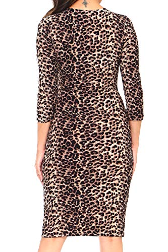 ICONOFLASH Women's Leopard Print 3/4 Sleeve Bodycon Midi Dress - Crew Neck Fitted Dress Size Medium